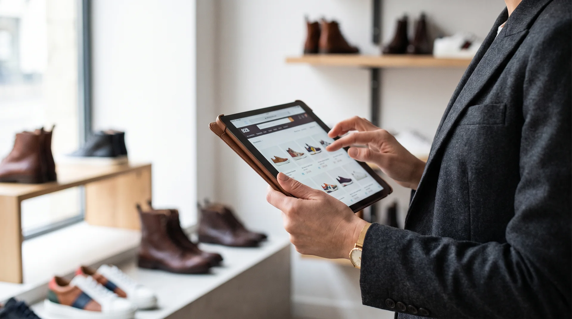 Butik sahibi, mağazasındaki ayakkabı raflarının önünde tablet üzerinden toptan ayakkabı modellerini inceliyor.