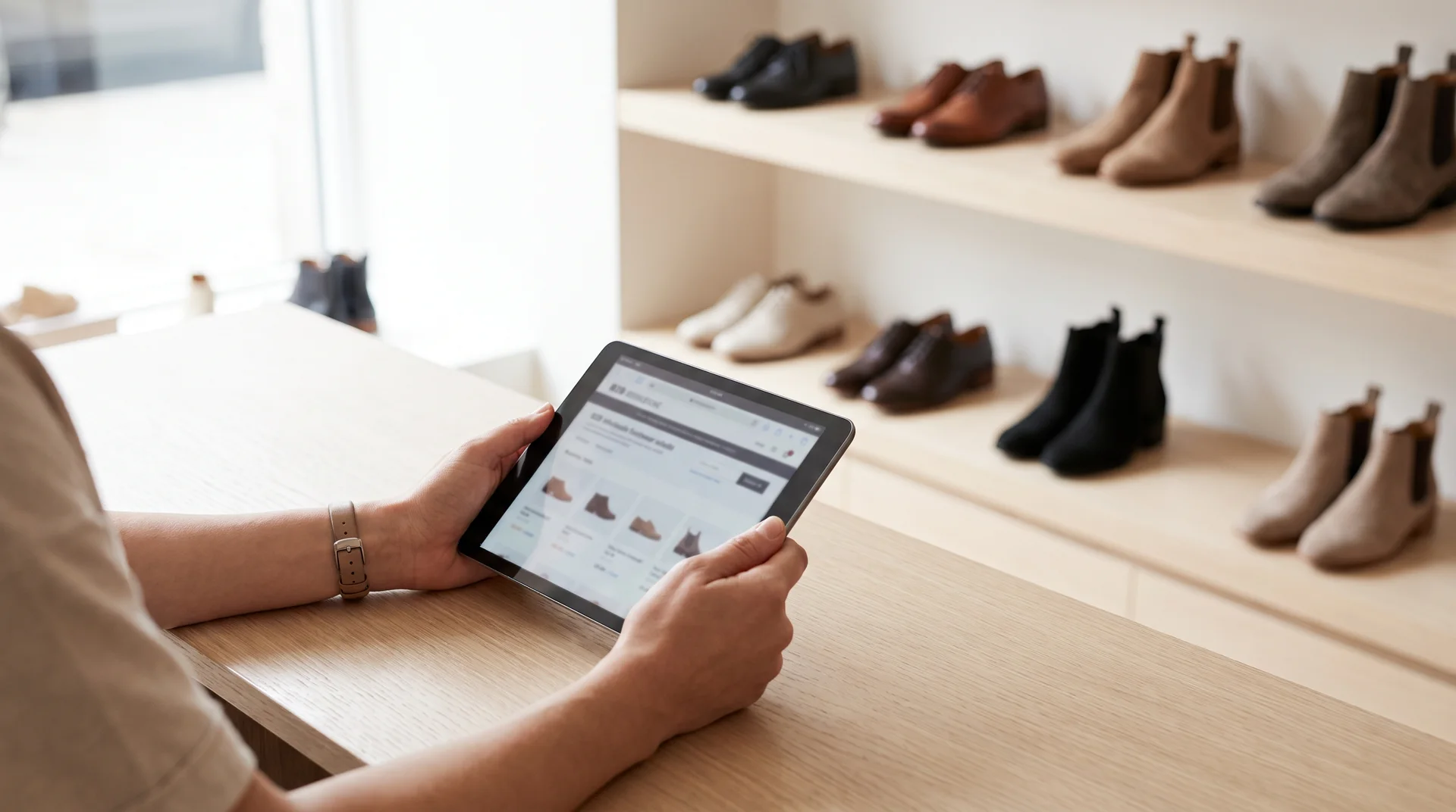 Bir butik sahibinin, arka planda ayakkabı raflarının göründüğü aydınlık bir ortamda tablet üzerinden toptan ayakkabı modellerini incelemesi.