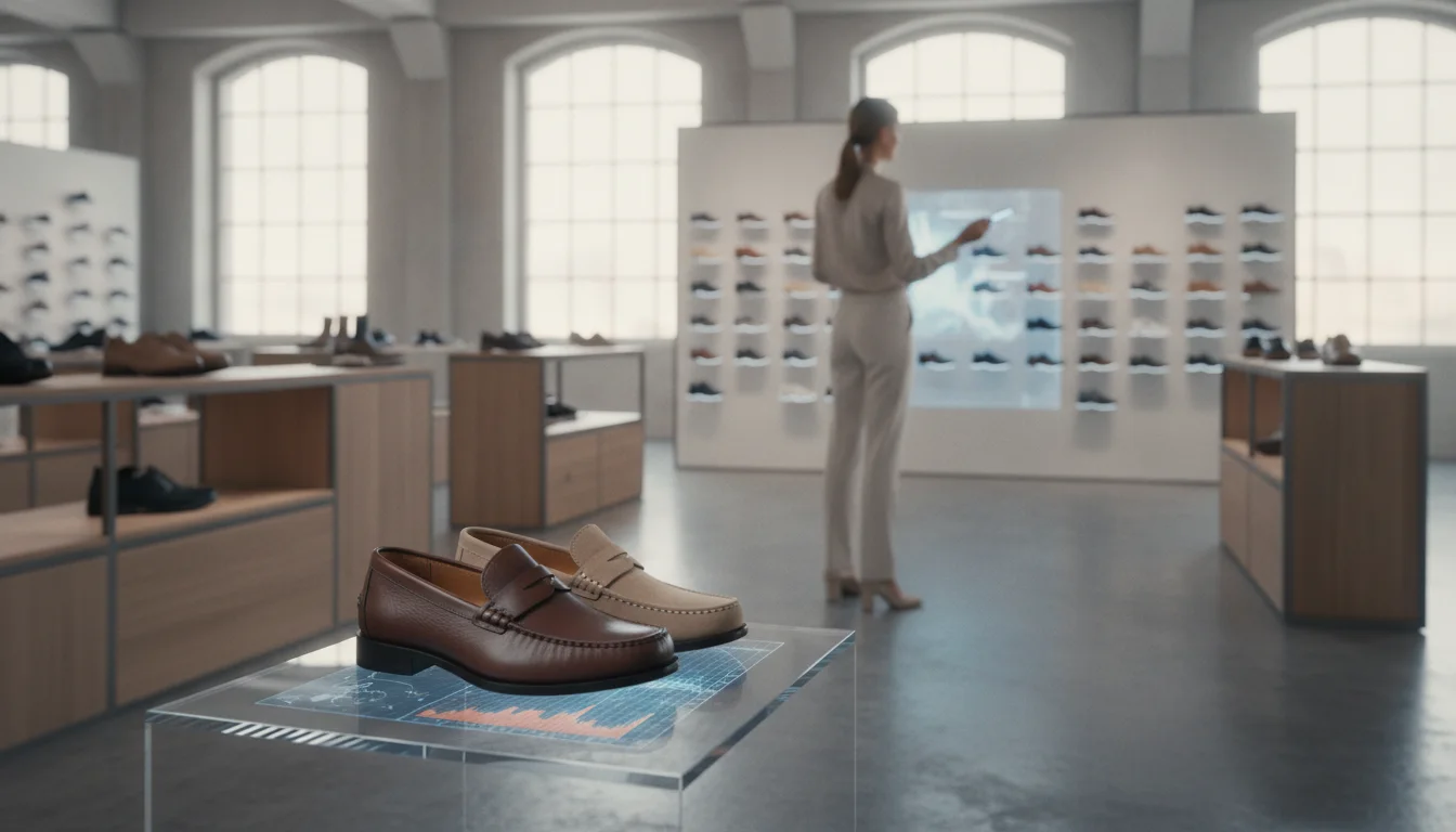 Tablet with shoe stock analysis data and new season models on shelves, different composition