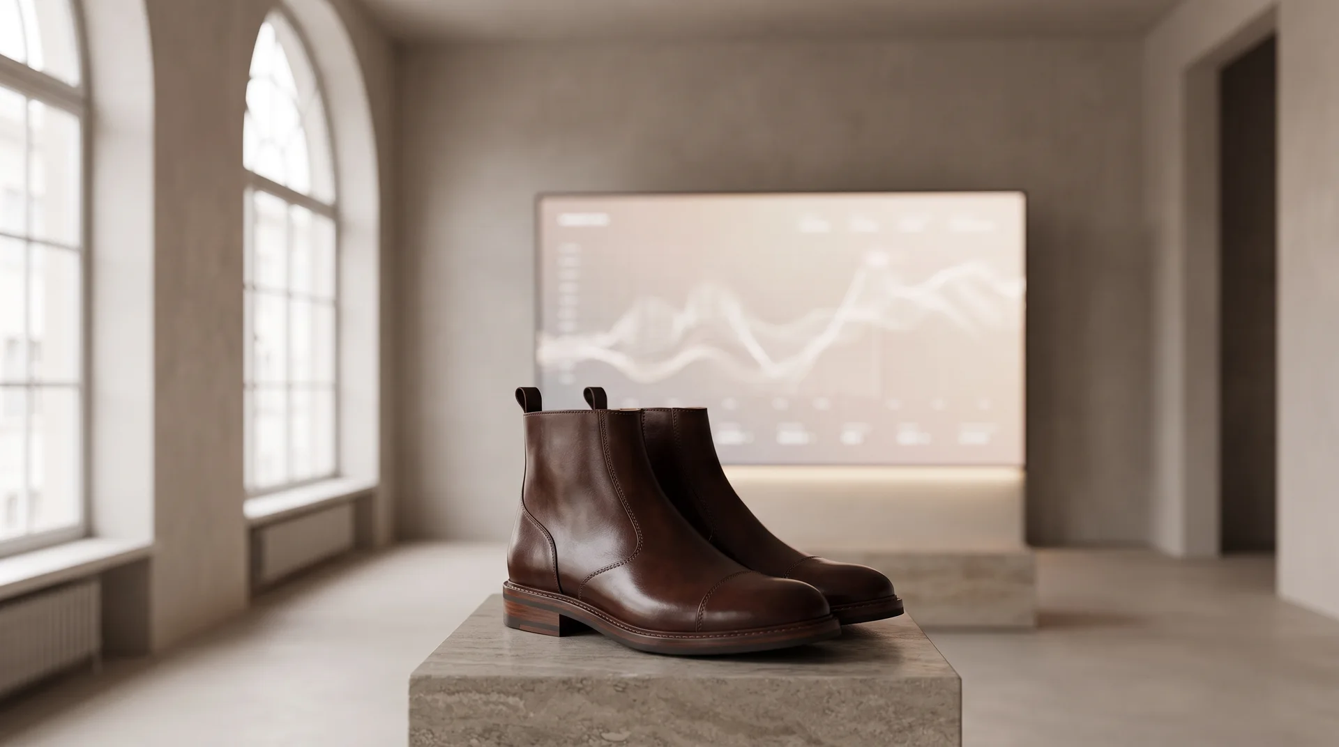 Bir ayakkabı mağazası sahibi, dizüstü bilgisayarında yeni bir loafer modeli için yapay zekâ ile ürün açıklaması oluşturuyor. (farklı kompozisyon)