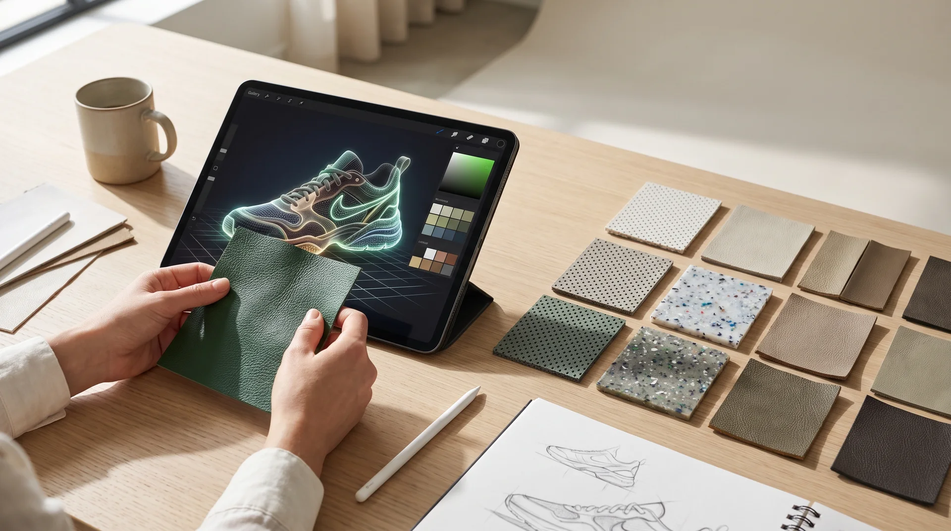 Bir ayakkabı tasarımcısının masasının üstten görünüşü; tablette yapay zeka ile oluşturulmuş bir ayakkabı tasarımı ve yanında gerçek malzeme örnekleri duruyor.