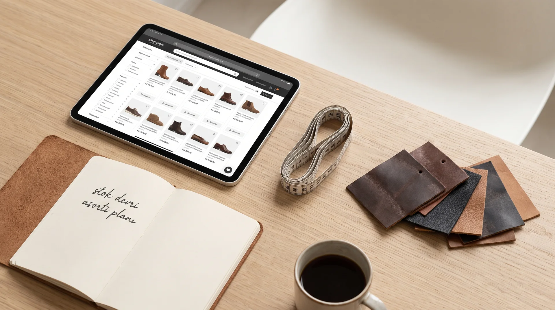 Bir ayakkabı mağazası sahibinin çalışma masasının üstten görünüşü; masada toptan satış sitesi açık bir tablet, stok planı notları olan bir defter ve kahve bulunuyor.