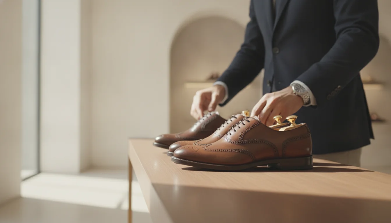 A shoe seller arranging the display inside the store and showcasing new season shoes.