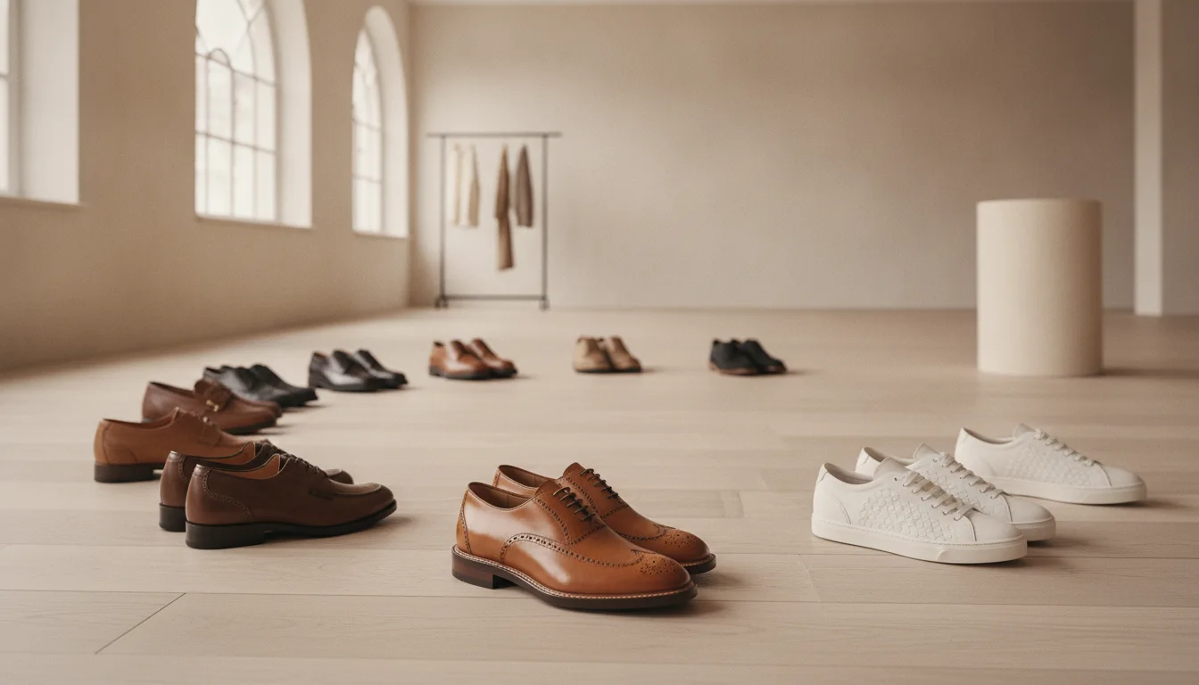 Un vendeur de chaussures arrange une vitrine à l'intérieur du magasin et expose les chaussures de la nouvelle saison. (composition différente)