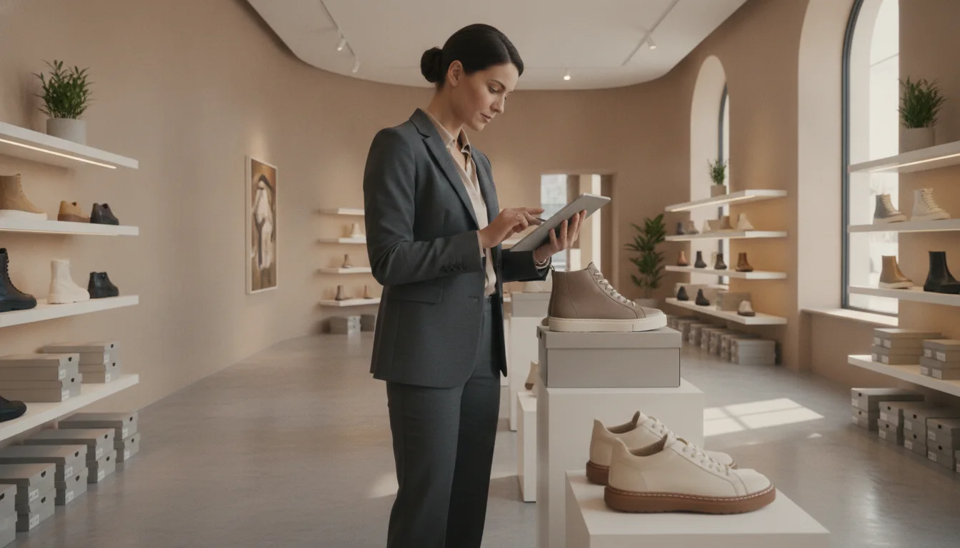 A footwear retailer examining shoe boxes and a digital stock tablet inside the store.