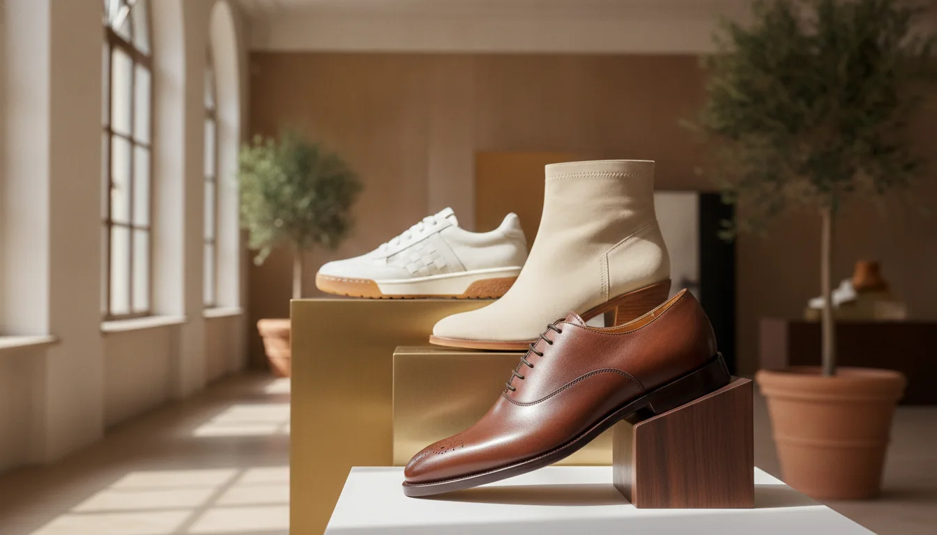 A footwear retailer examining shoe boxes and a digital stock tablet inside the store. (different composition)
