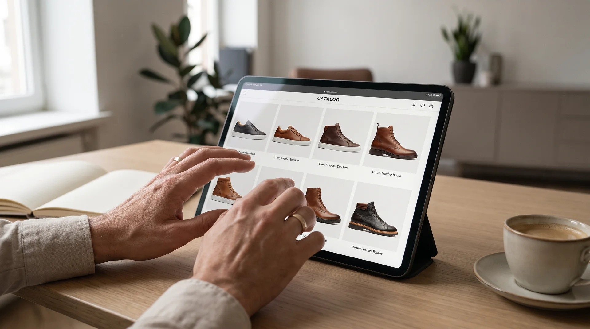 Bir butik sahibi, tablet ekranından toptan ayakkabı modellerinin yer aldığı dijital bir kataloğu inceliyor.