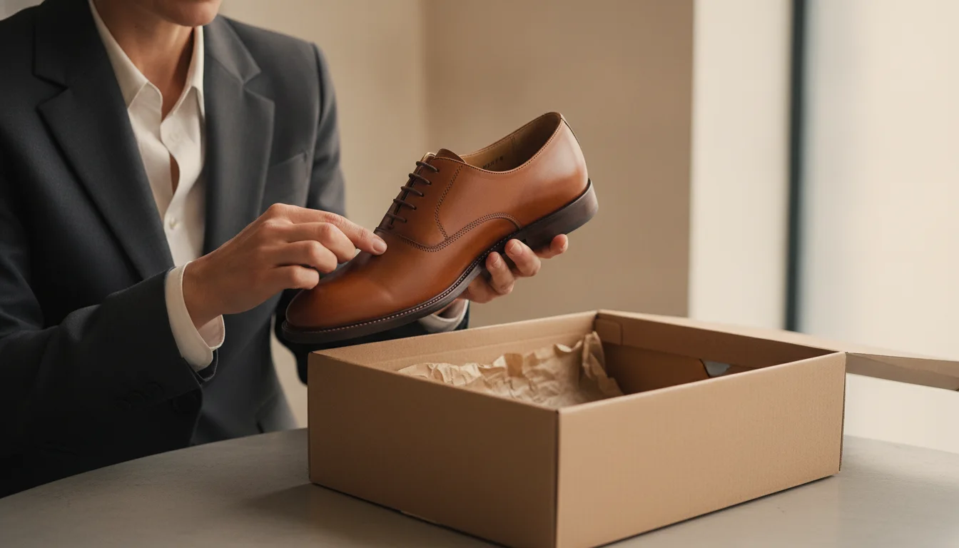Store manager opening a wholesale shoe box and inspecting stitching and sole quality.
