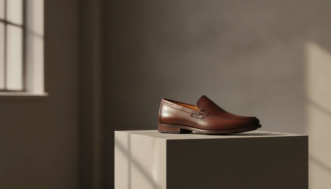Store manager opening a wholesale shoe box and inspecting stitching and sole quality. (different composition)