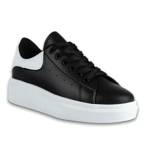 Kadın Spor Sneaker Siyah-Beyaz Bağcıklı Kumaş & 800 Gr Suni Deri, 2 mm EVA + Tela, Light PVC Tabanlı Hafif ve Yumuşak Model — toptan ayakkabı görseli