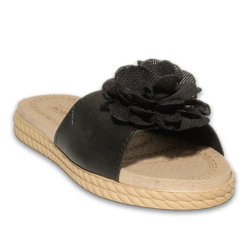 Black Faux Leather Flat Sandals – Floral Detail, Suitable for Summer Use and Daily Elegance for Women — wholesale footwear image